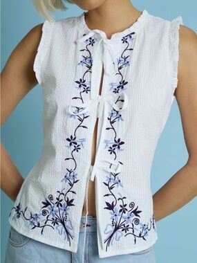 NEW Neon Rose Floral Embroidered Tie Front Tank Top Blouse